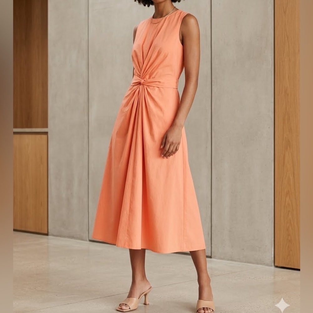 Hugo Boss Sleeveless Twist-Waist Midi Dress in Coral